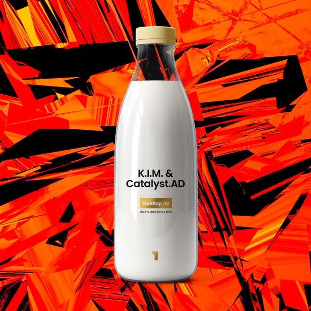 White bottle with gold cap on a vibrant orange and black abstract background