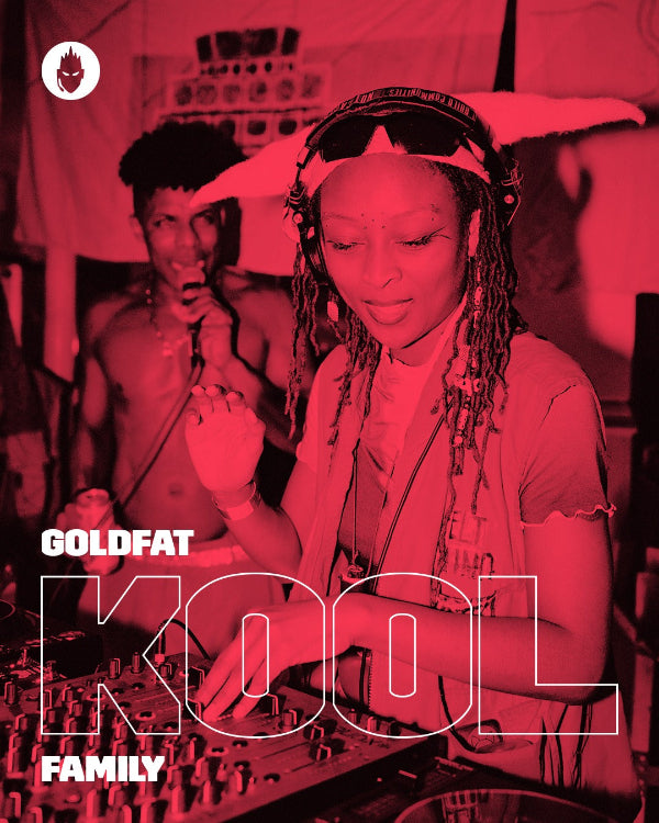 Person operating DJ equipment with text 'GOLDFAT Kool Family' in a red-tinted setting.
