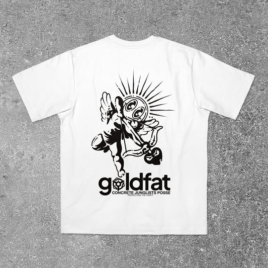 White t-shirt with black graphic design and 'goldfat' branding on a gray surface